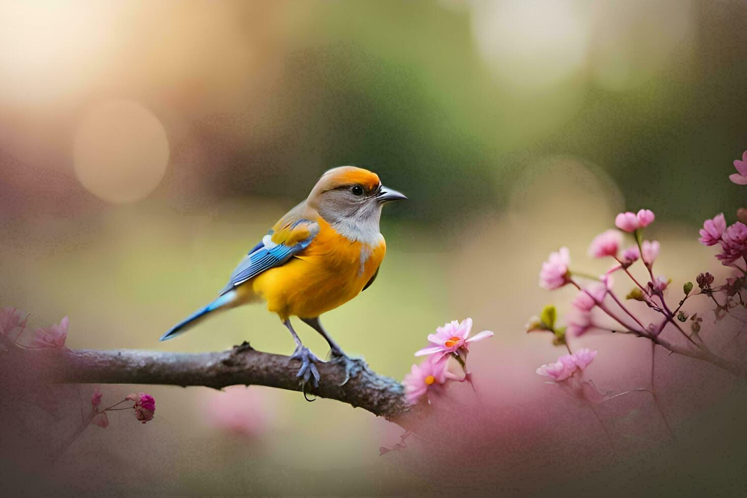 Foto tapet de himmel, fågel, blommor, vår, de fågel, de fågel, de fågel. ai-genererad