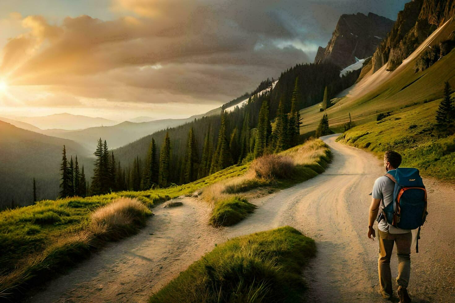 en man med en ryggsäck gående ner en smuts väg i de berg. ai-genererad foto
