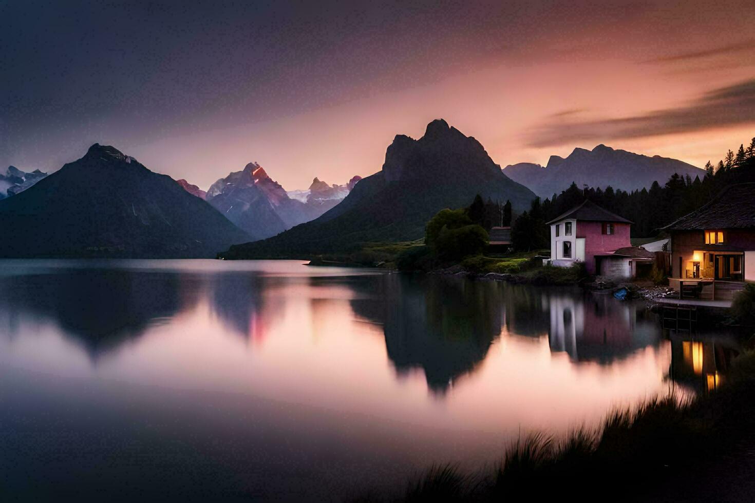 en sjö och berg räckvidd på solnedgång. ai-genererad foto