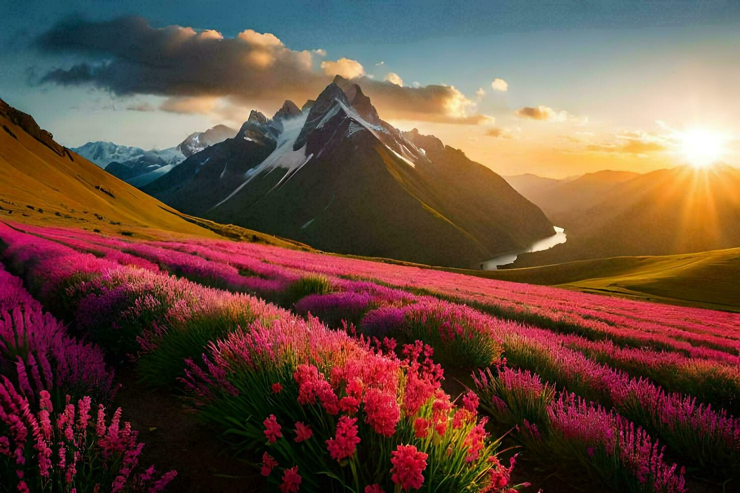 de Sol stiger över en fält av lavendel- blommor i de berg. ai-genererad foto