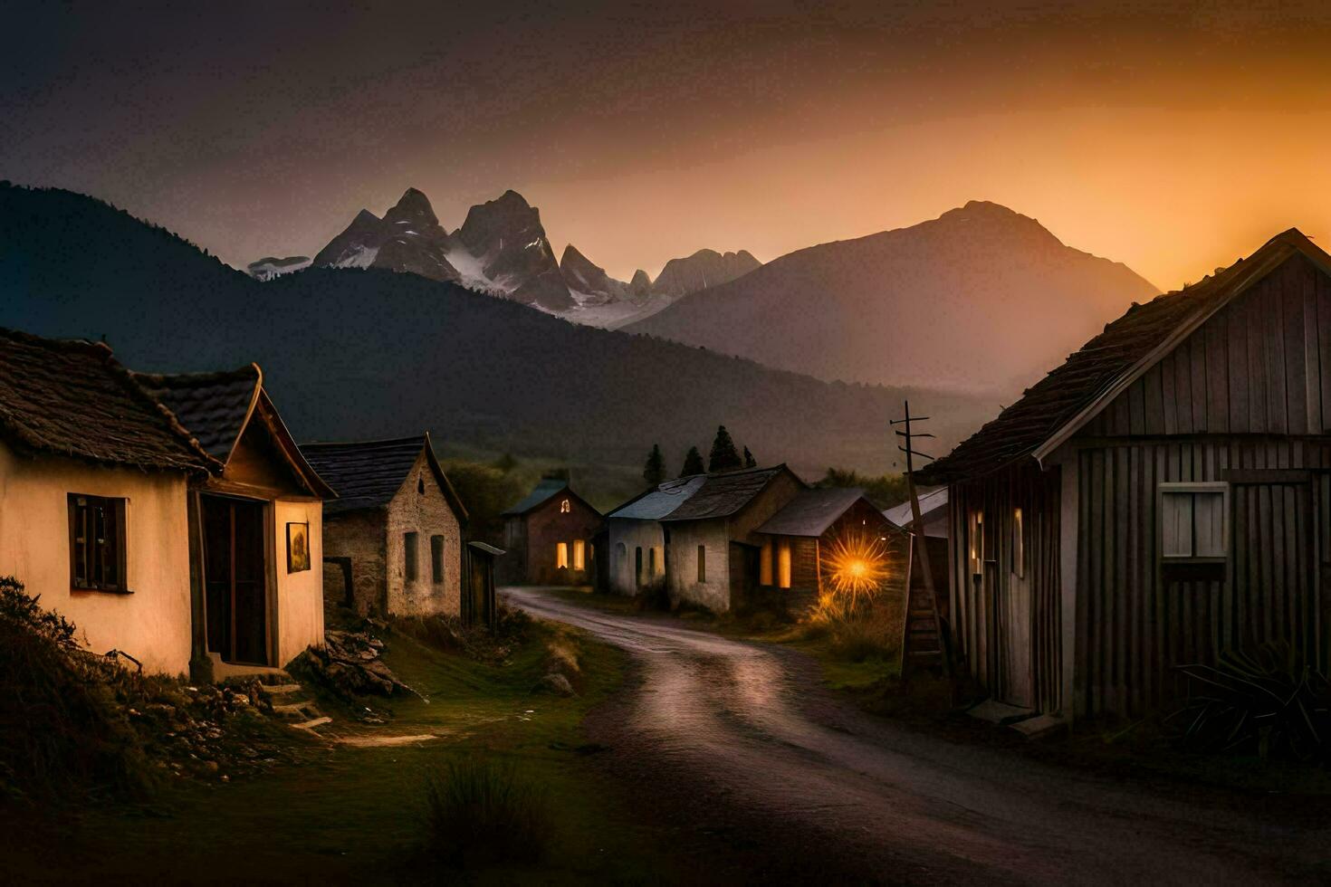 en by på solnedgång med bergen i de bakgrund. ai-genererad foto