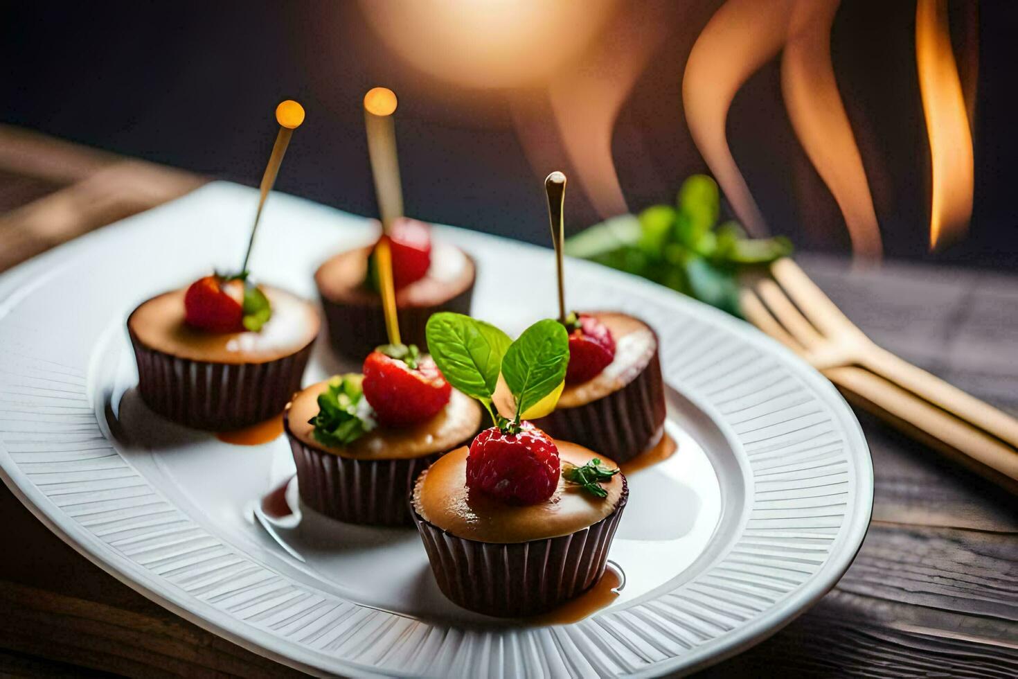 små choklad muffins med jordgubbar på en tallrik. ai-genererad foto