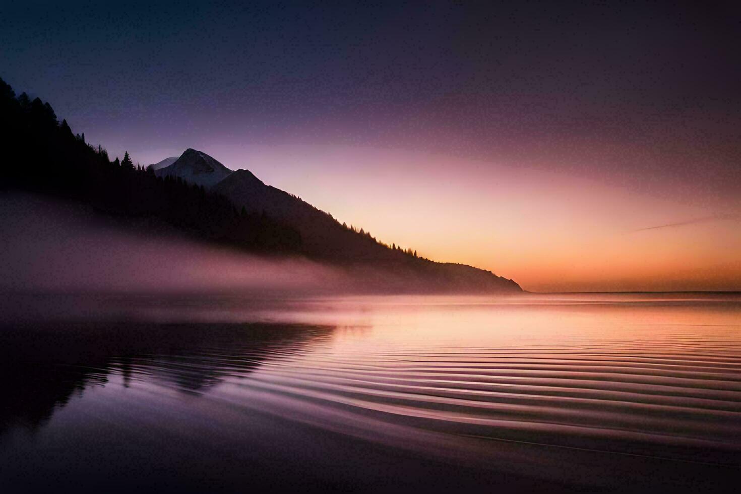 en berg räckvidd är reflekterad i de vatten på solnedgång. ai-genererad foto