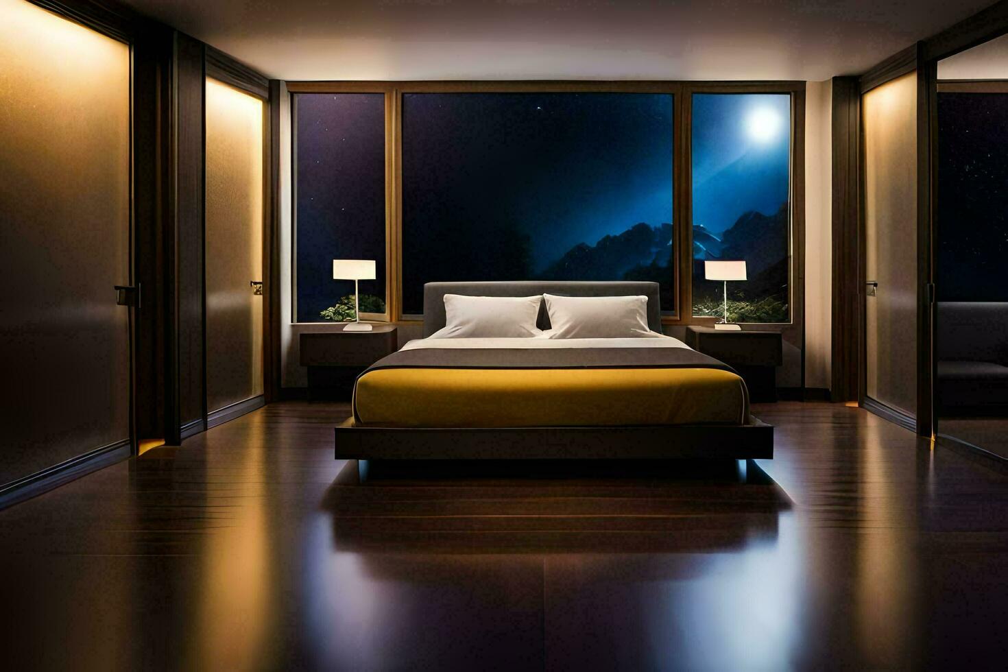 en sovrum med en säng och en natt himmel. ai-genererad foto