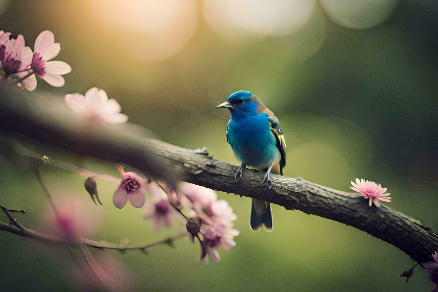 en blå fågel sitter på en gren med rosa blommor. ai-genererad foto