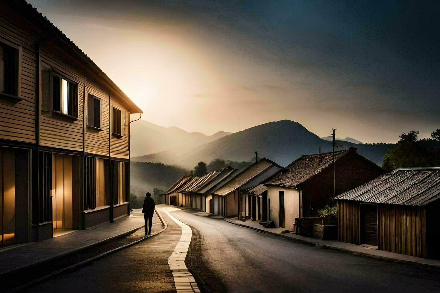 en man promenader ner de gata i främre av en berg. ai-genererad foto