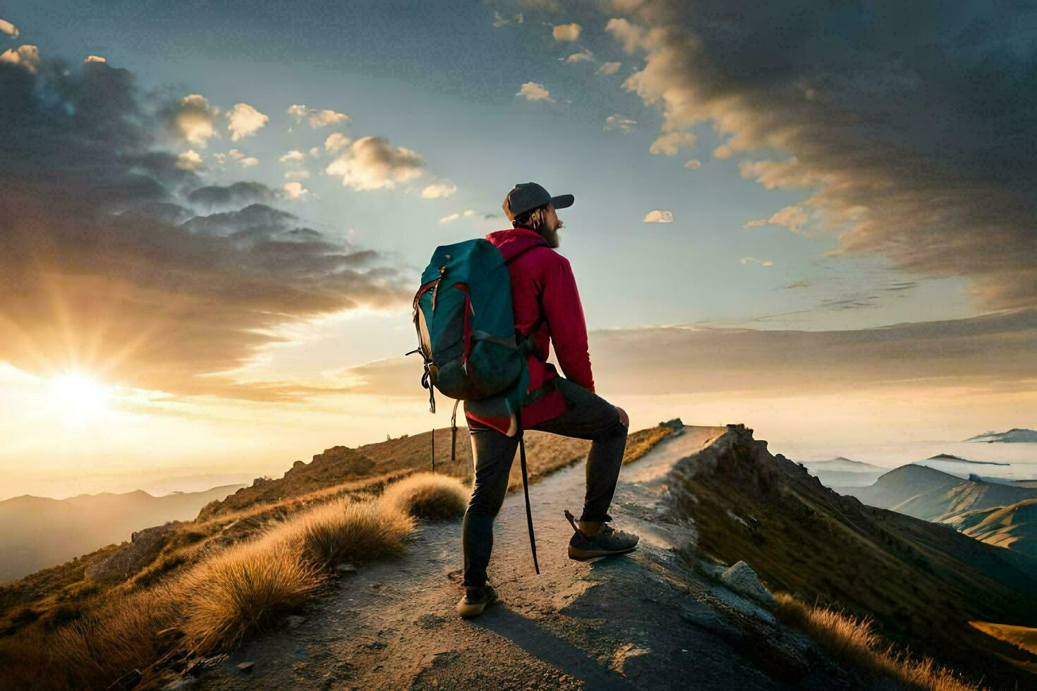 en man med en ryggsäck stående på en berg topp på solnedgång. ai-genererad foto