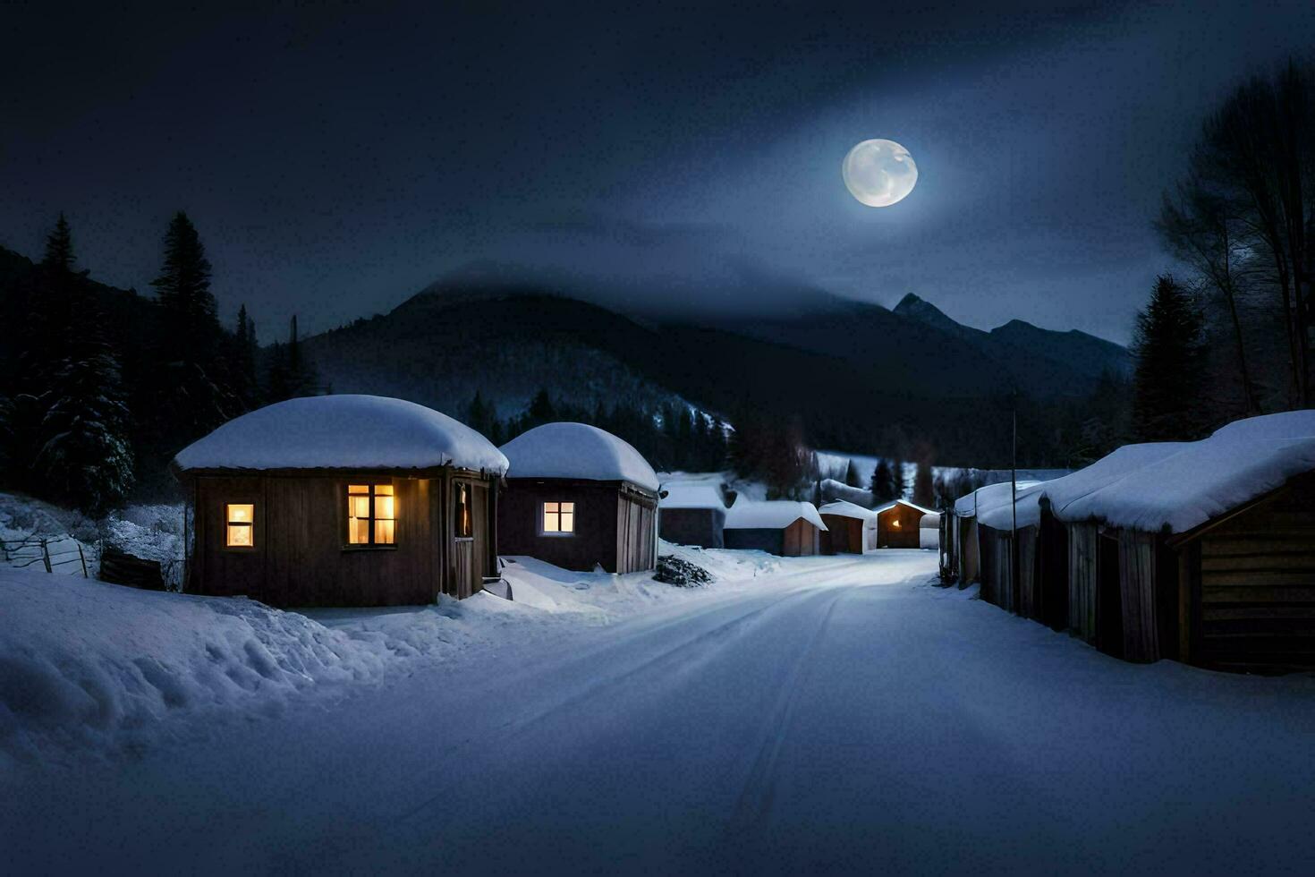 en snöig väg med hus och en full måne. ai-genererad foto