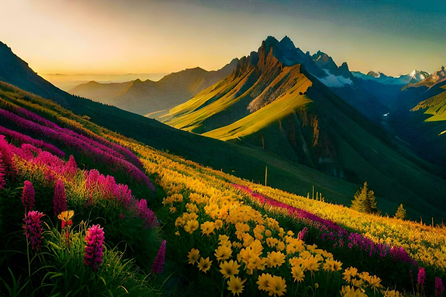 en skön berg landskap med blommor och berg. ai-genererad foto