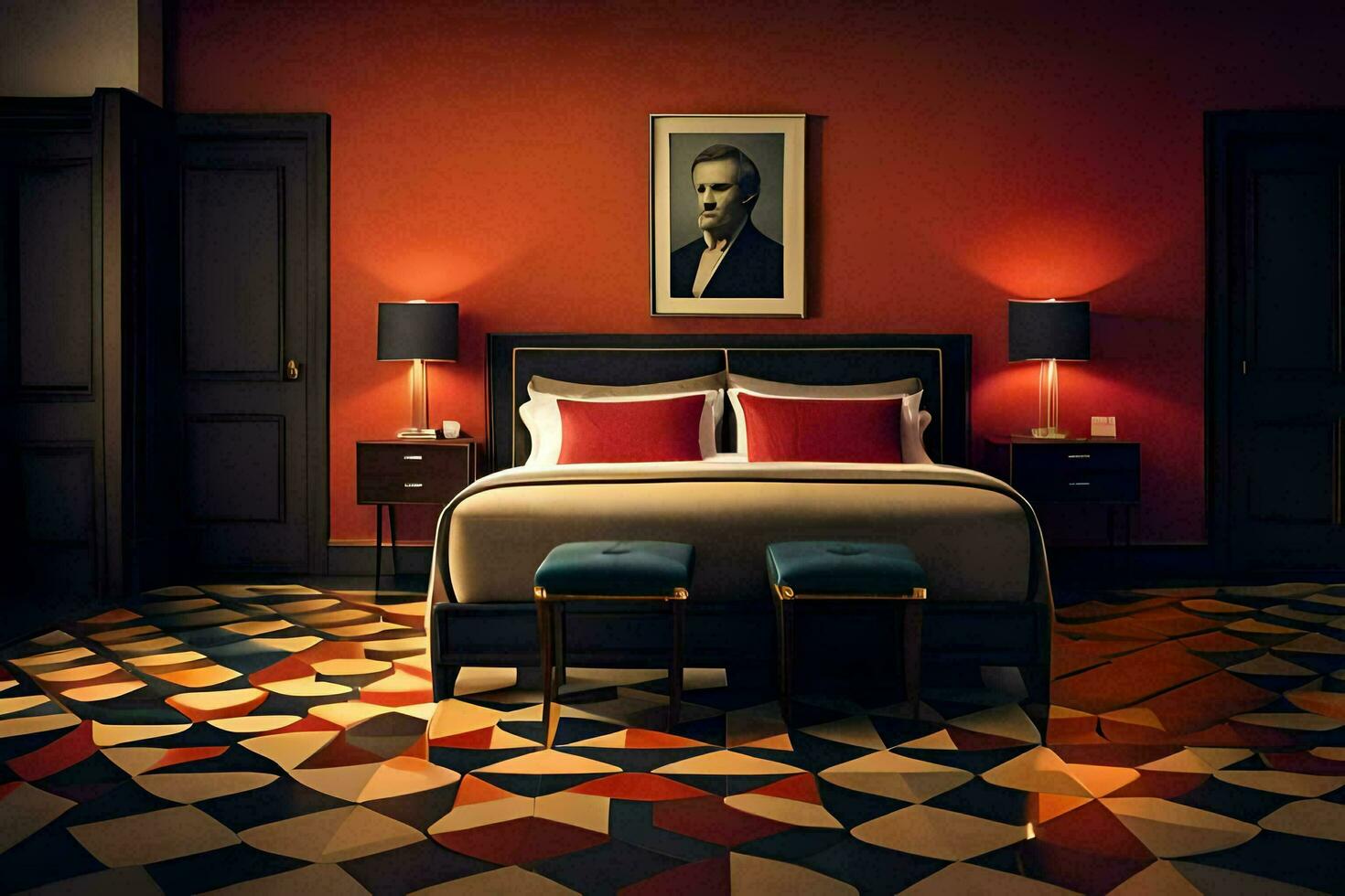 en sovrum med röd väggar och en svart och vit rutig golv. ai-genererad foto