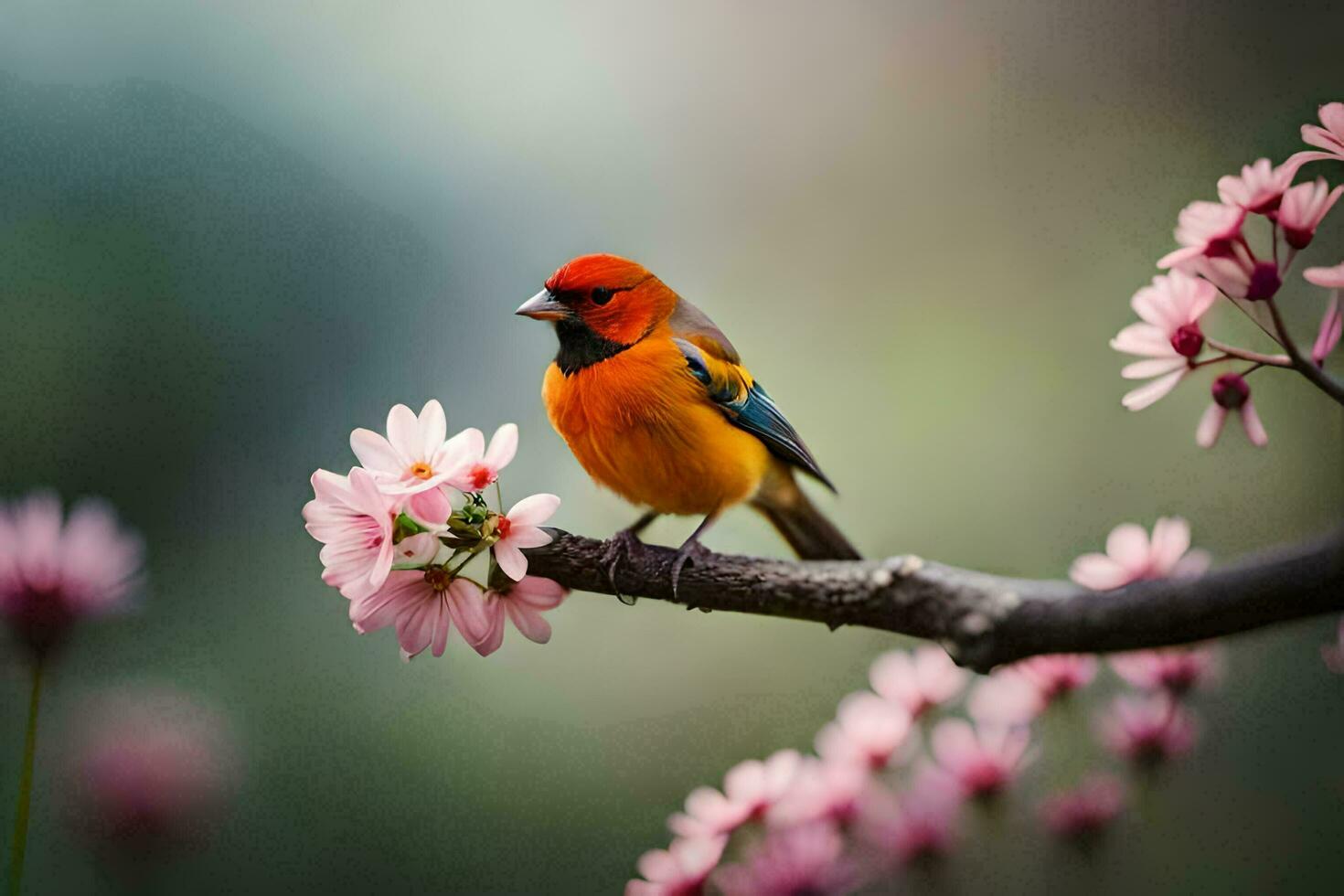 Foto tapet fågel, de blommor, de fågel, de blommor, de fågel, de blommor,. ai-genererad