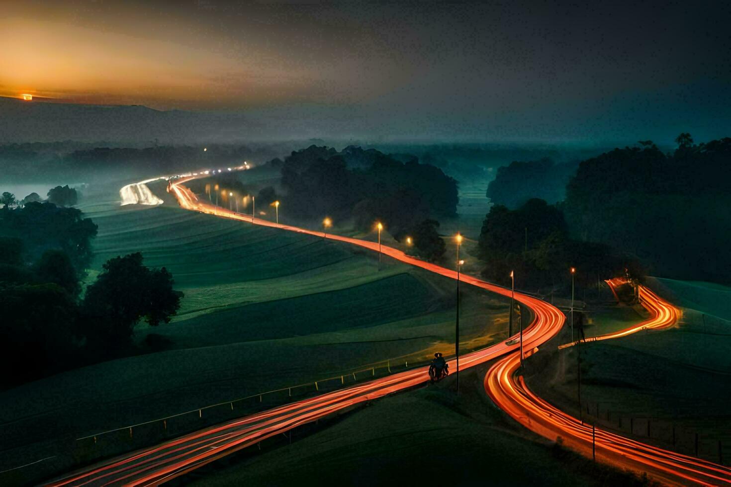 en lång exponering fotografera av en väg i de landsbygden. ai-genererad foto
