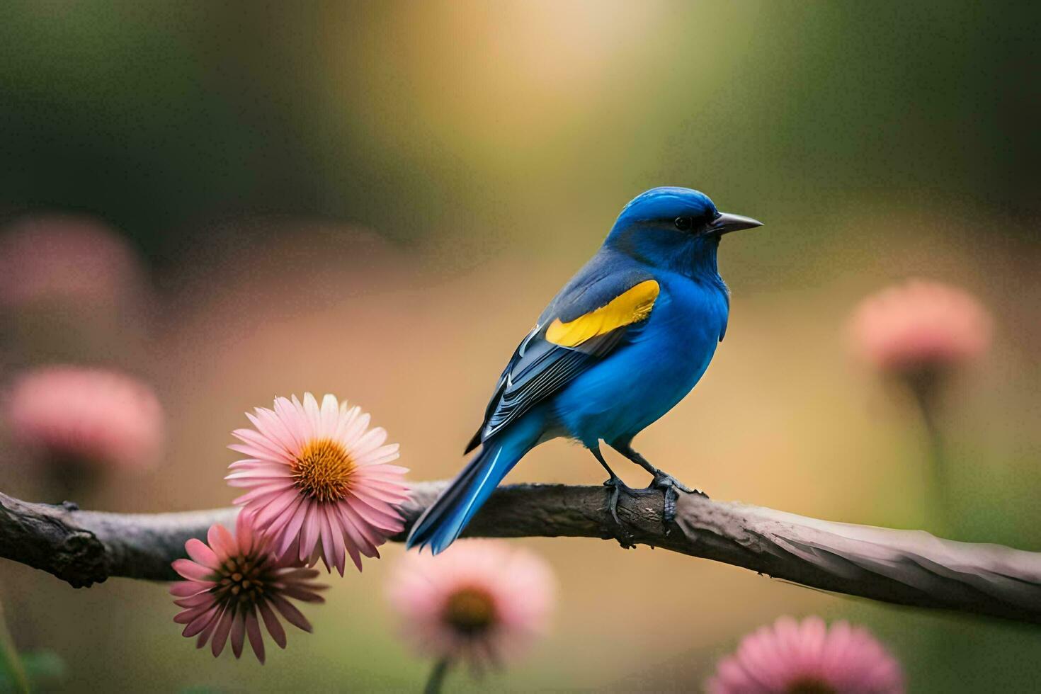 en blå fågel sitter på en gren med rosa blommor. ai-genererad foto