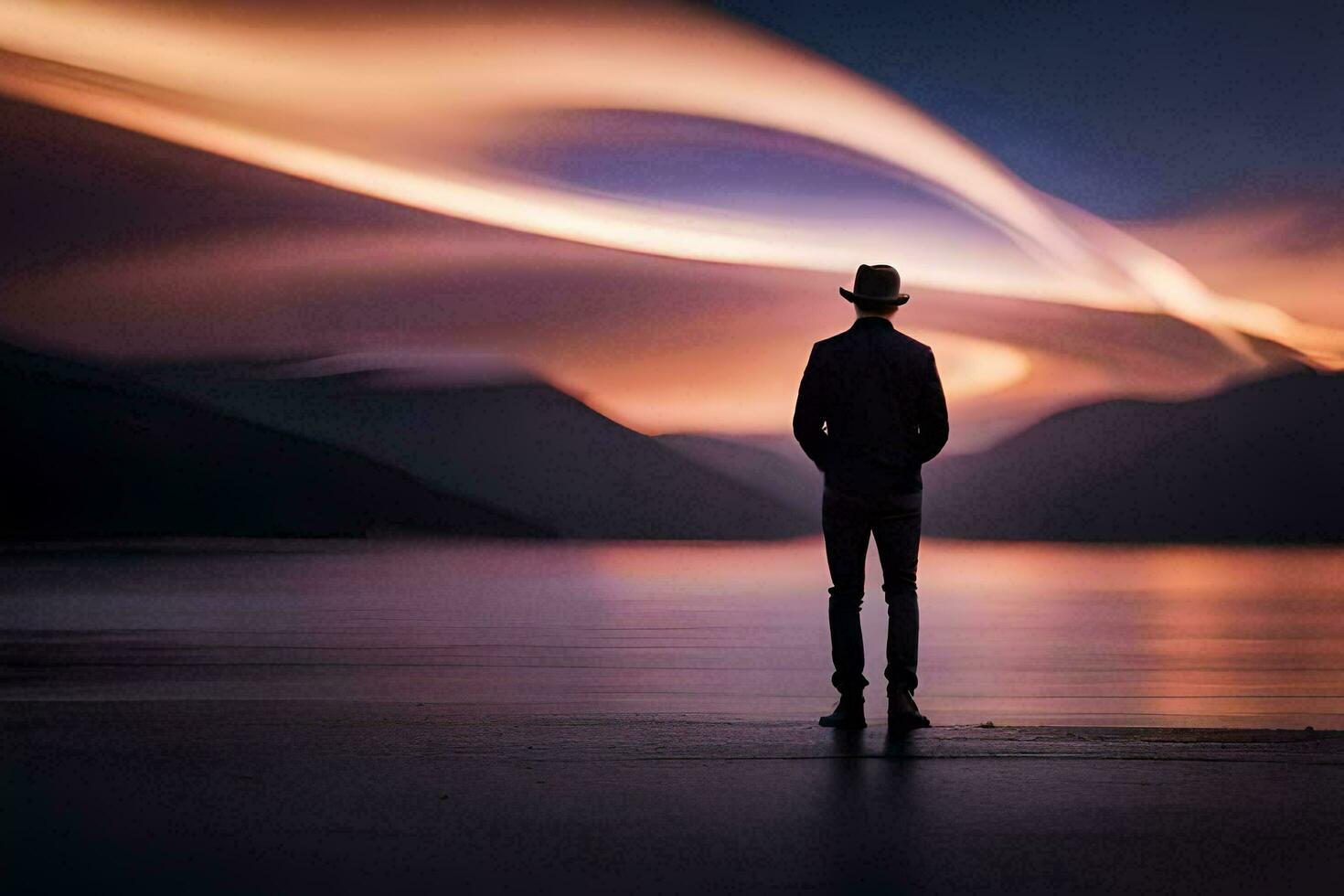 en man stående i främre av en sjö på solnedgång. ai-genererad foto