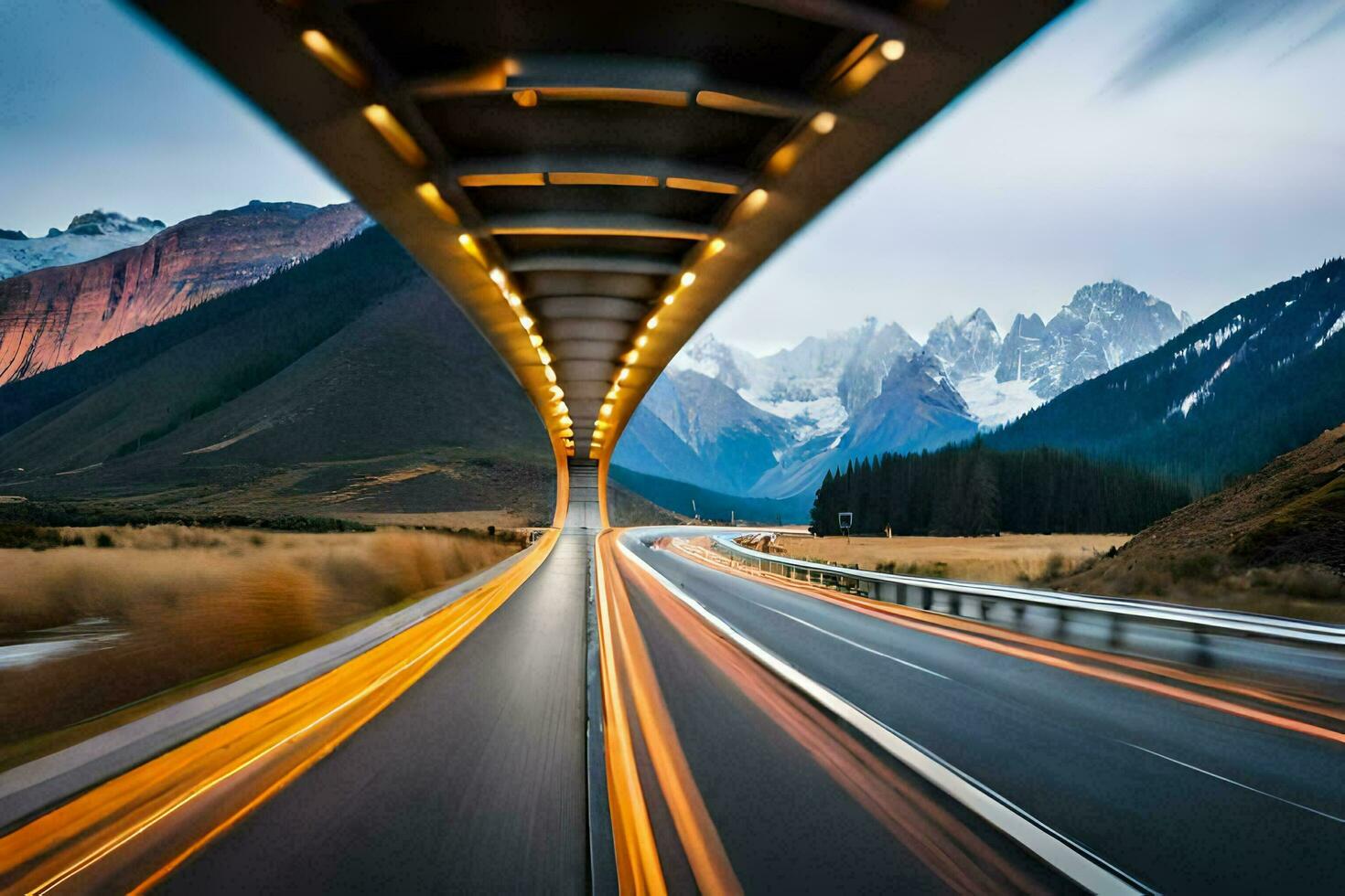 en motorväg med ljus spår gående genom Det. ai-genererad foto