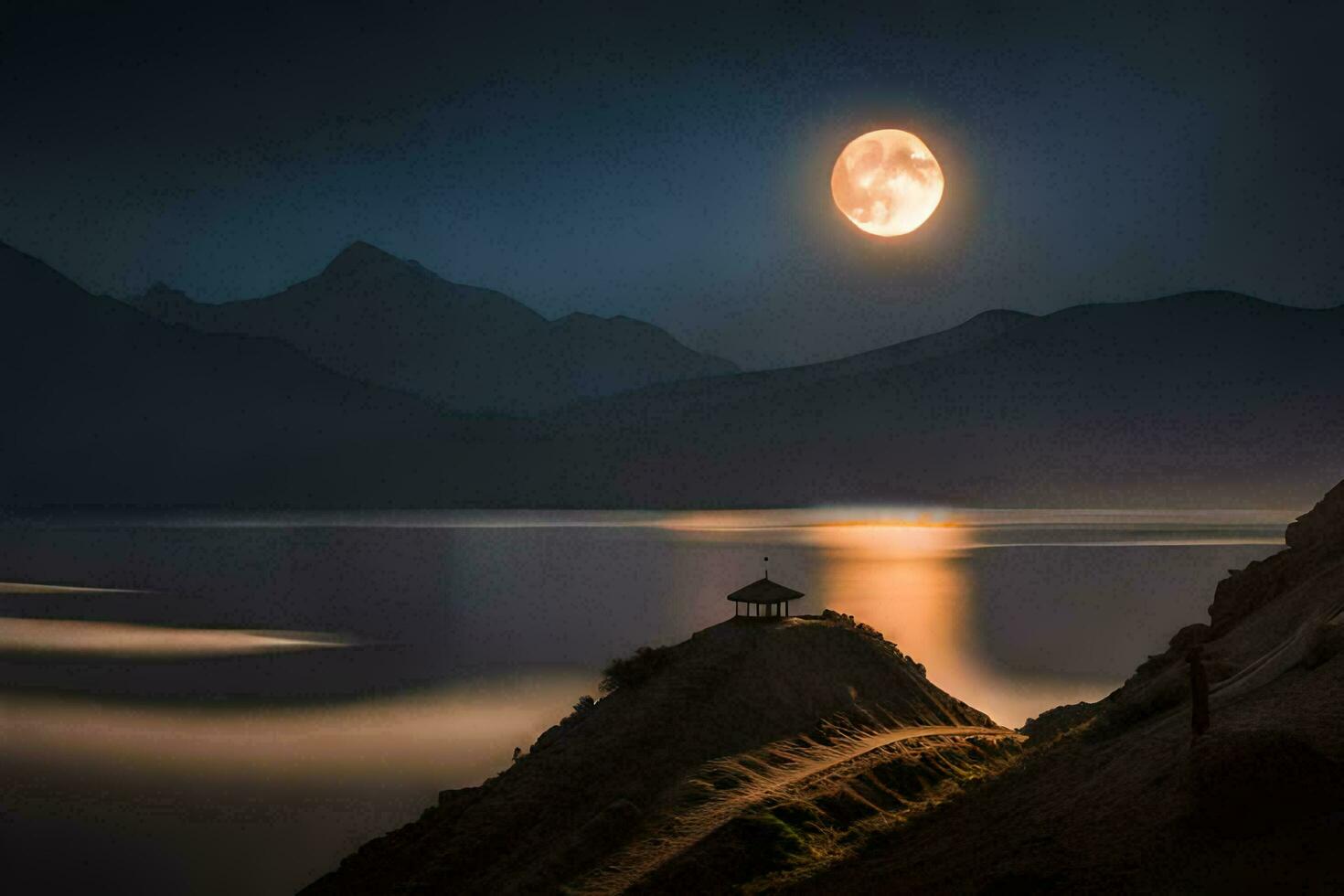en full måne stiger över en sjö och berg räckvidd. ai-genererad foto