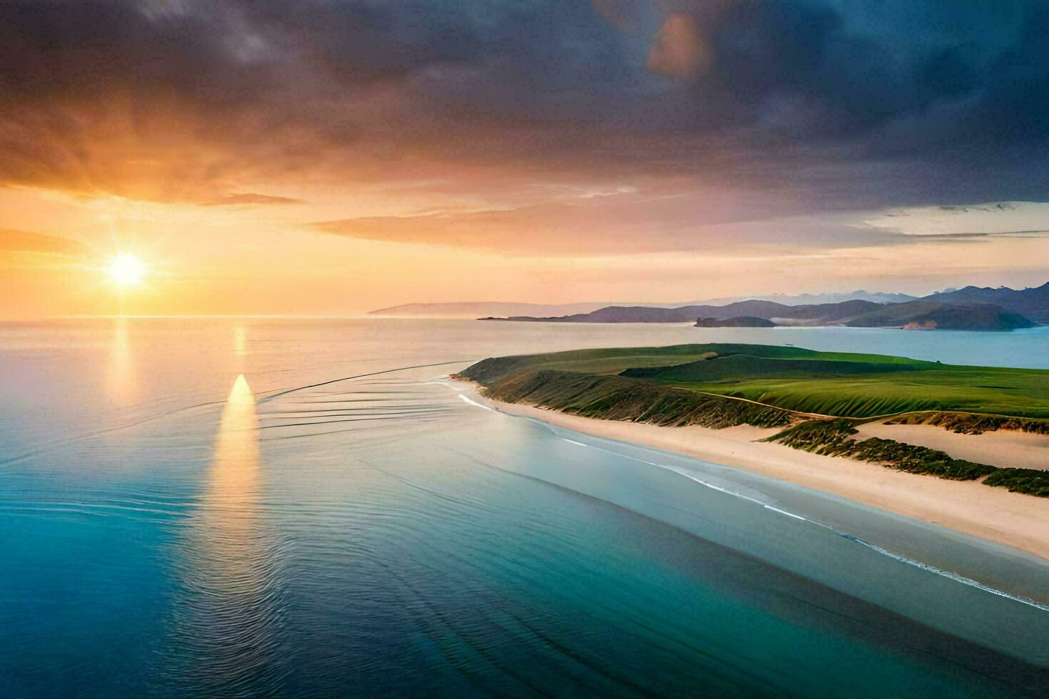 de Sol uppsättningar över en strand och hav. ai-genererad foto