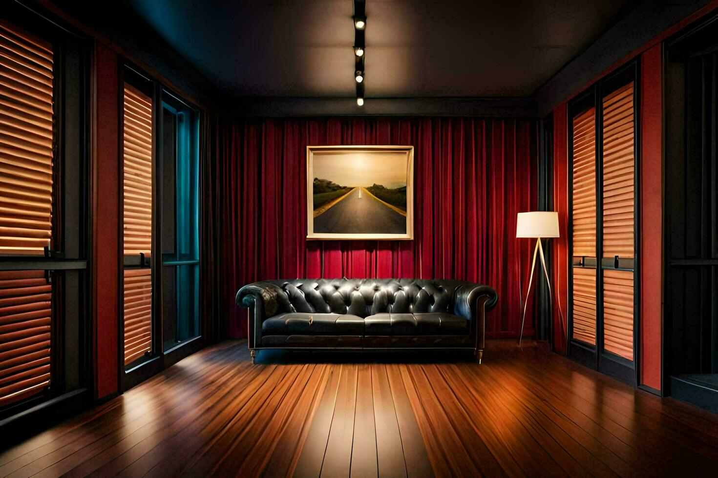 en rum med röd väggar och trä- golv. ai-genererad foto