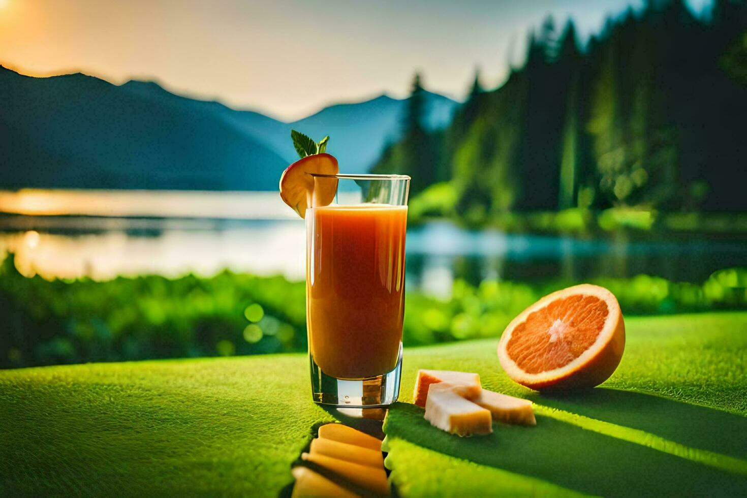 en glas av orange juice med skivor av frukt och en skiva av orange. ai-genererad foto