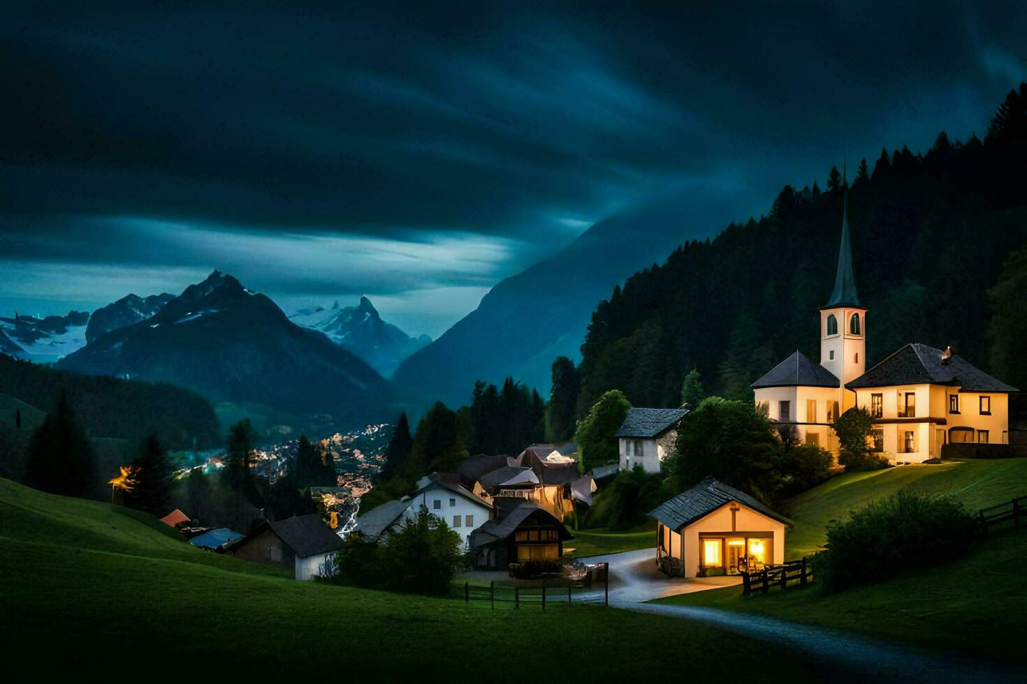 Foto tapet de himmel, berg, natt, by, hus, väg, väg, väg,. ai-genererad