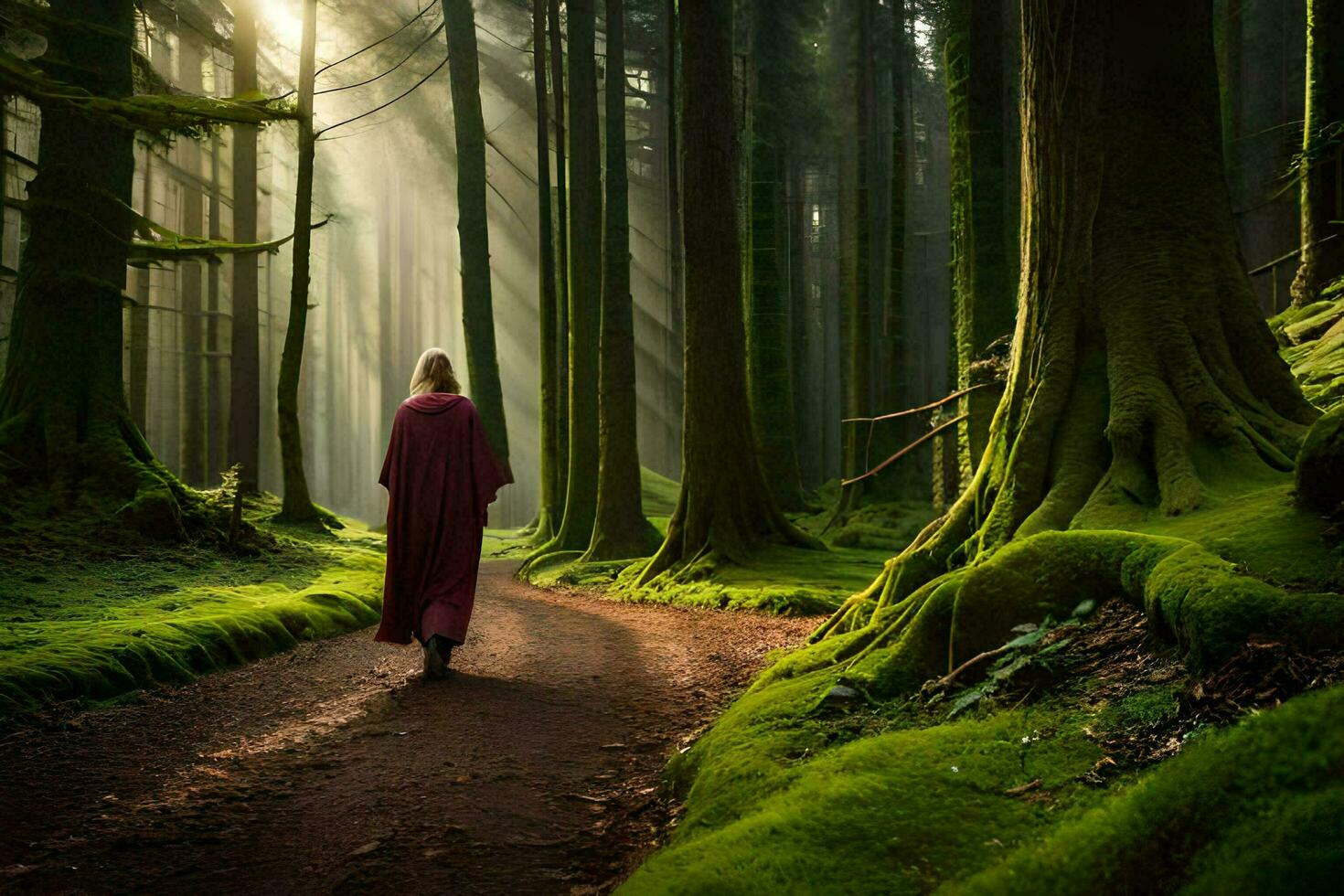 en kvinna i en röd morgonrock promenader ner en väg i de skog. ai-genererad foto