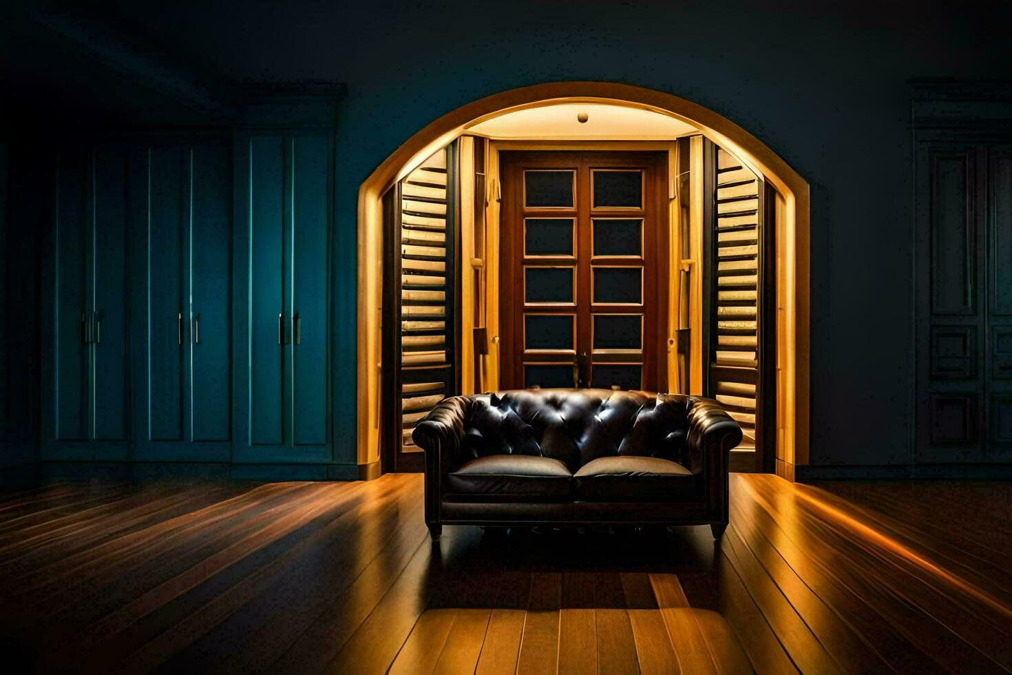 en mörk rum med en läder stol och trä- golv. ai-genererad foto