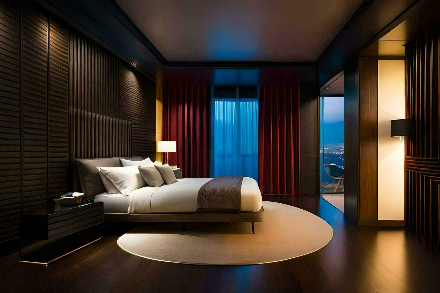 en modern sovrum med en se av de stad. ai-genererad foto