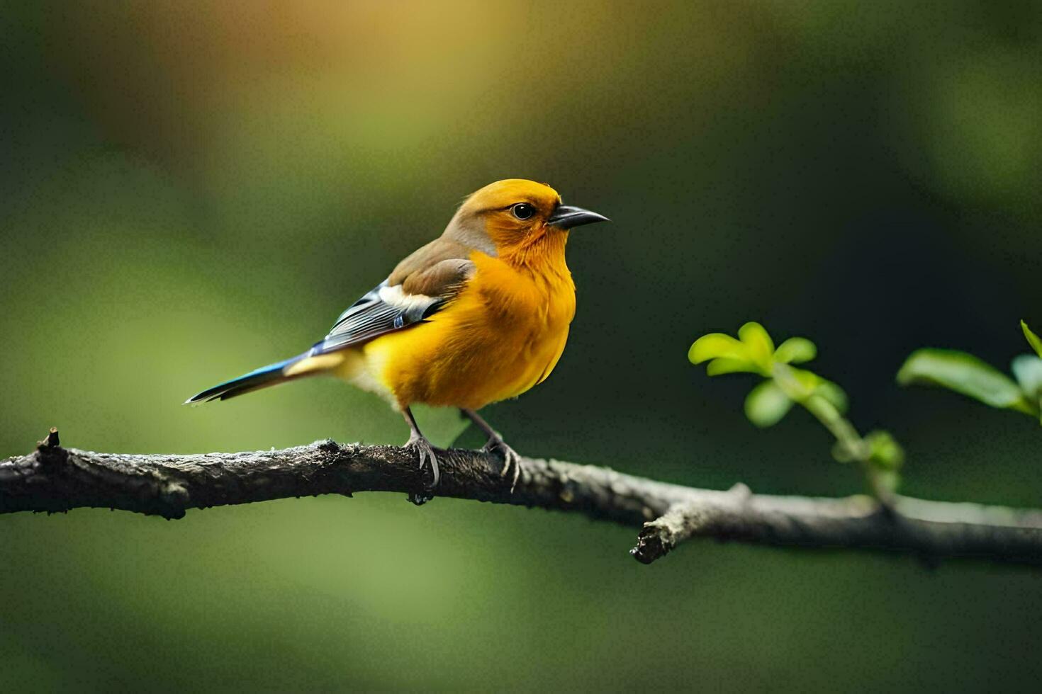 en små orange fågel är Sammanträde på en gren. ai-genererad foto