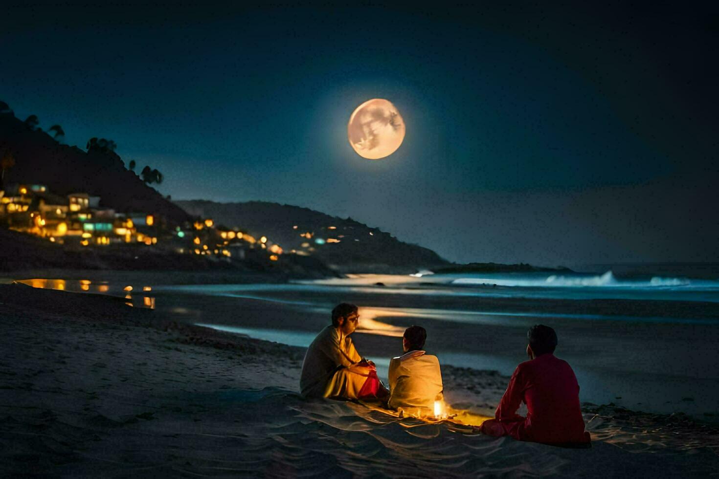 tre människor Sammanträde på de strand med en full måne i de bakgrund. ai-genererad foto