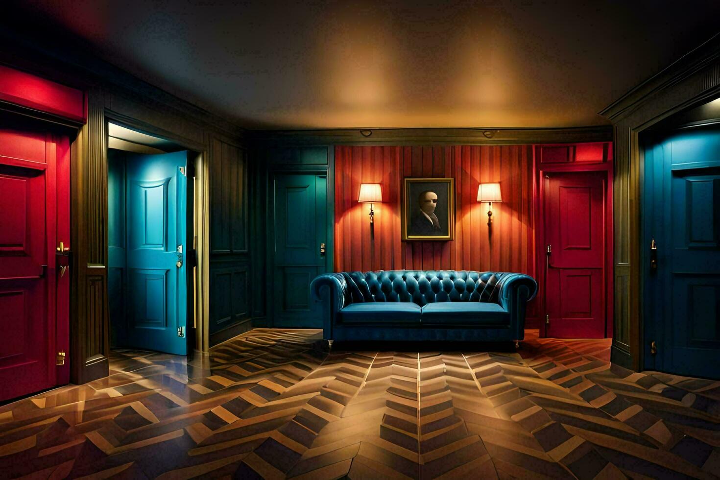 en rum med röd, blå och gul dörrar. ai-genererad foto