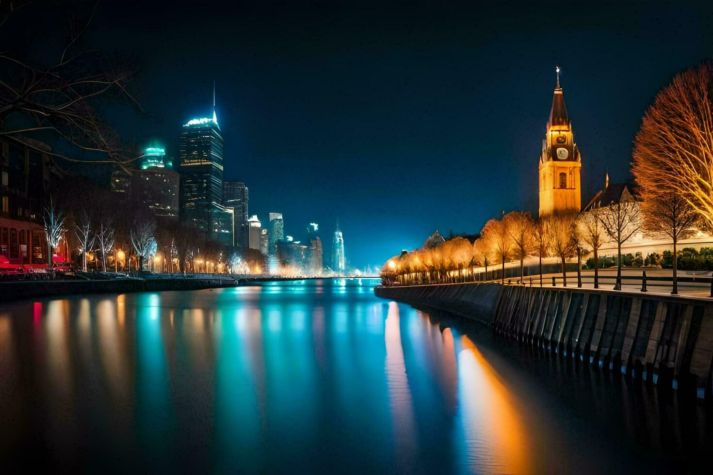 en flod och stad på natt. ai-genererad foto