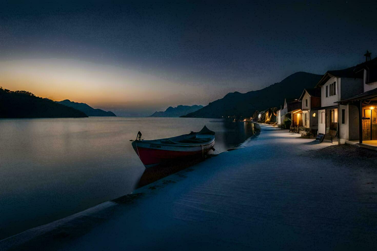 en båt sitter på de Strand av en sjö på skymning. ai-genererad foto