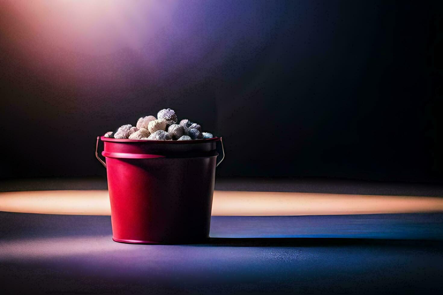 en hink av popcorn på en mörk tabell. ai-genererad foto