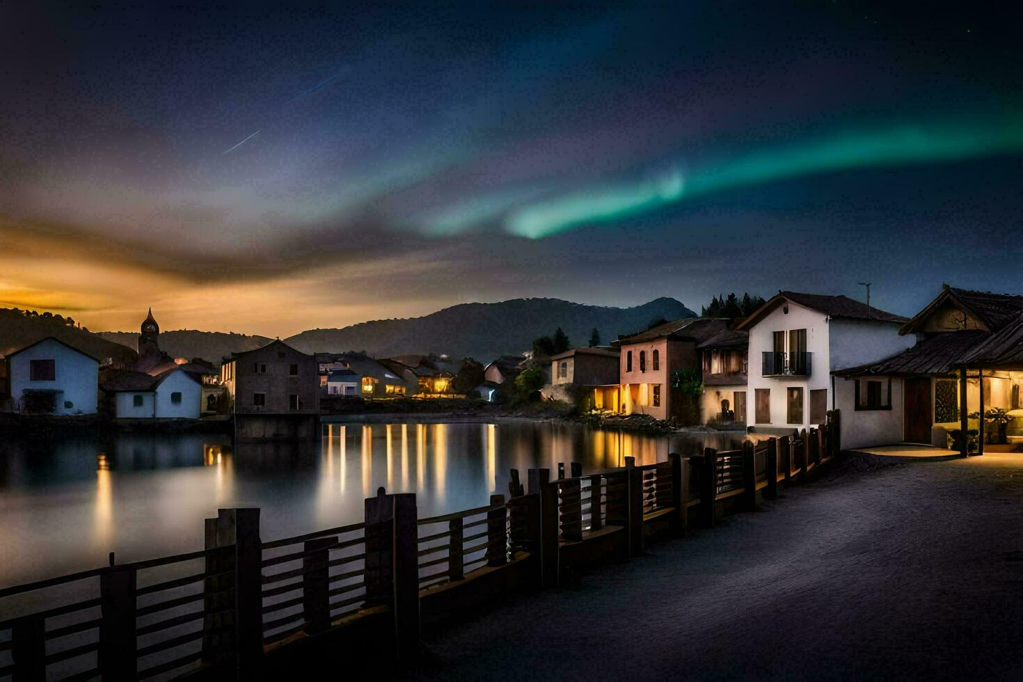 de aurora borealis lampor upp de himmel över en sjö. ai-genererad foto