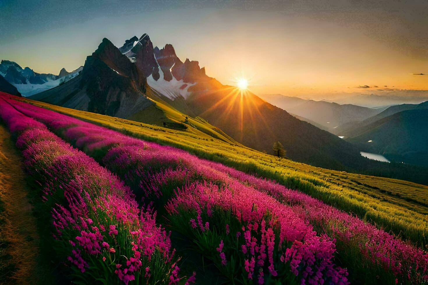 de Sol stiger över de bergen och blommor i de förgrund. ai-genererad foto