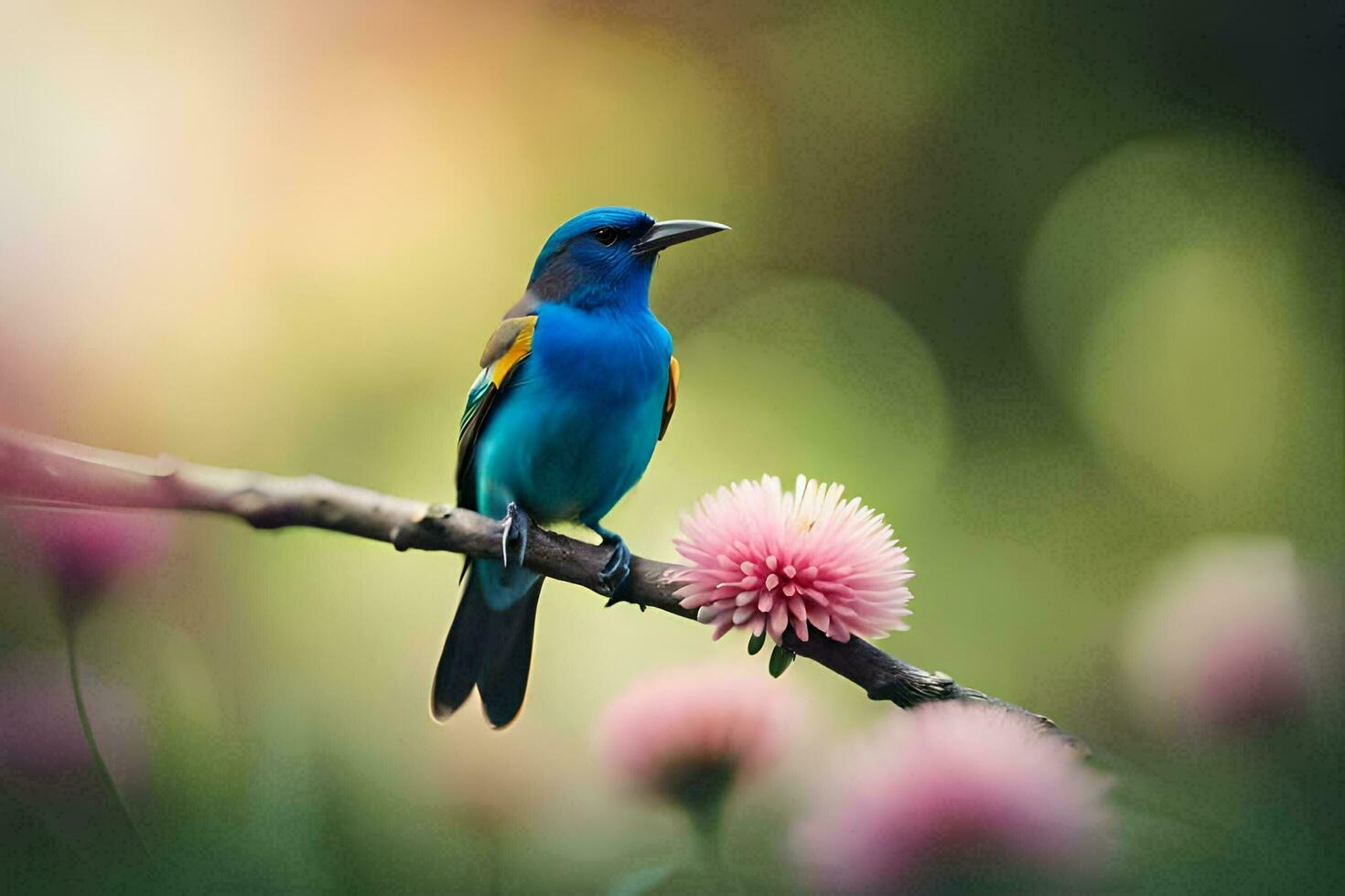 en blå fågel sitter på en gren med rosa blommor. ai-genererad foto