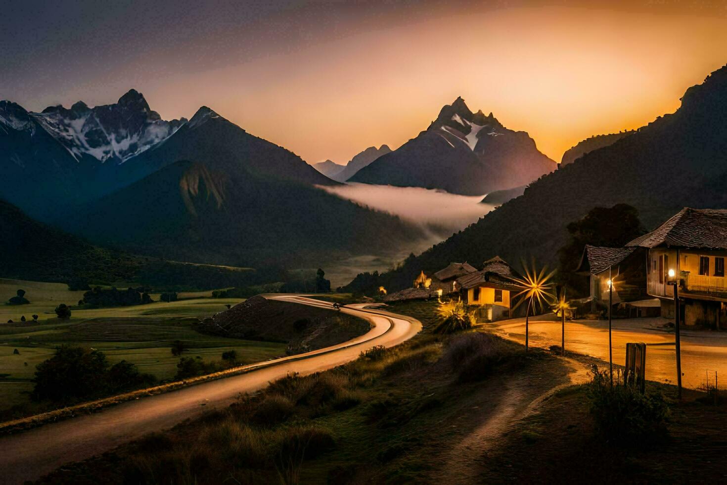 en väg i de bergen på solnedgång. ai-genererad foto