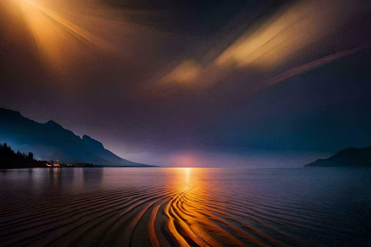 en lång exponering fotografera av de Sol miljö över en sjö. ai-genererad foto