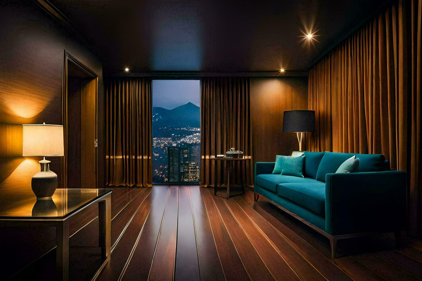 en hotell rum med en blå soffa och en se av de stad. ai-genererad foto