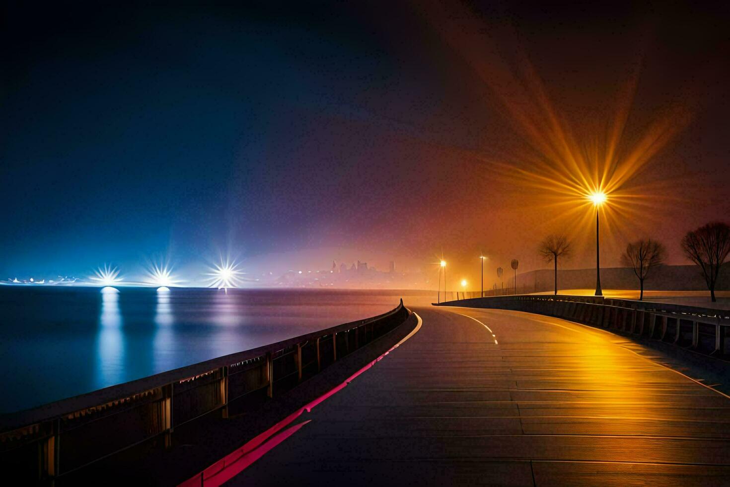 en lång gångväg längs de vatten på natt. ai-genererad foto