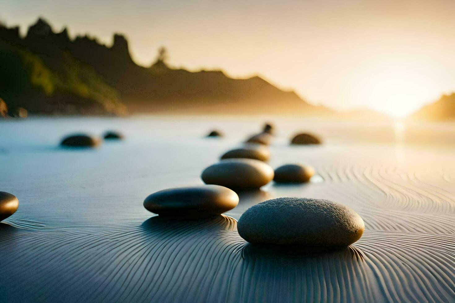 småsten på de strand på solnedgång. ai-genererad foto