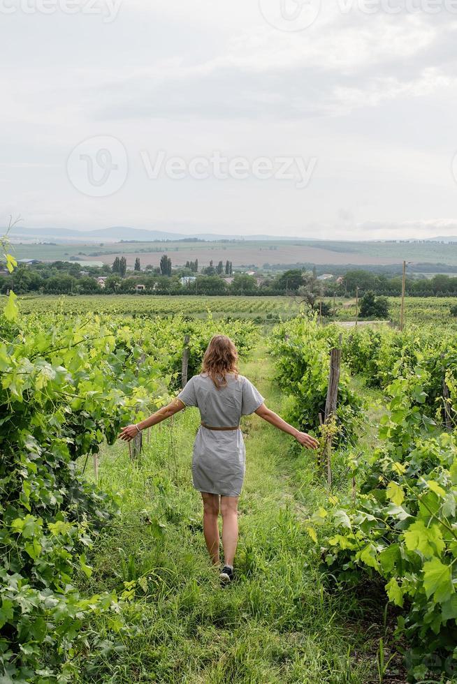 kvinna som går i en vingård, bakifrån foto