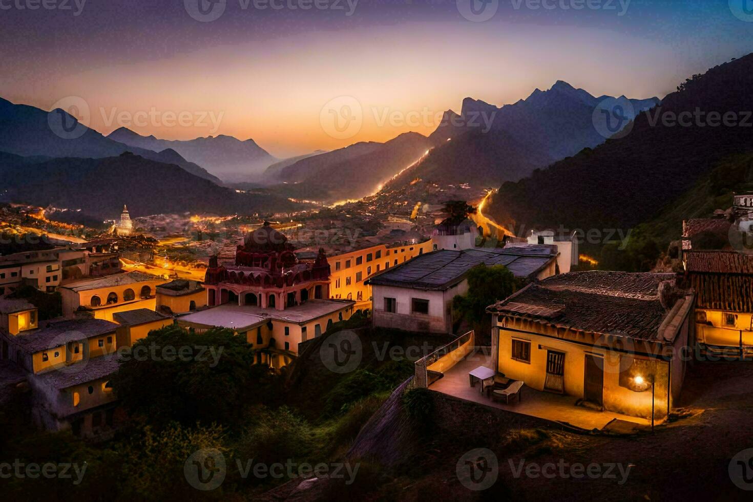 Foto tapet de himmel, berg, de stad, de by, de berg, de stad,. ai-genererad