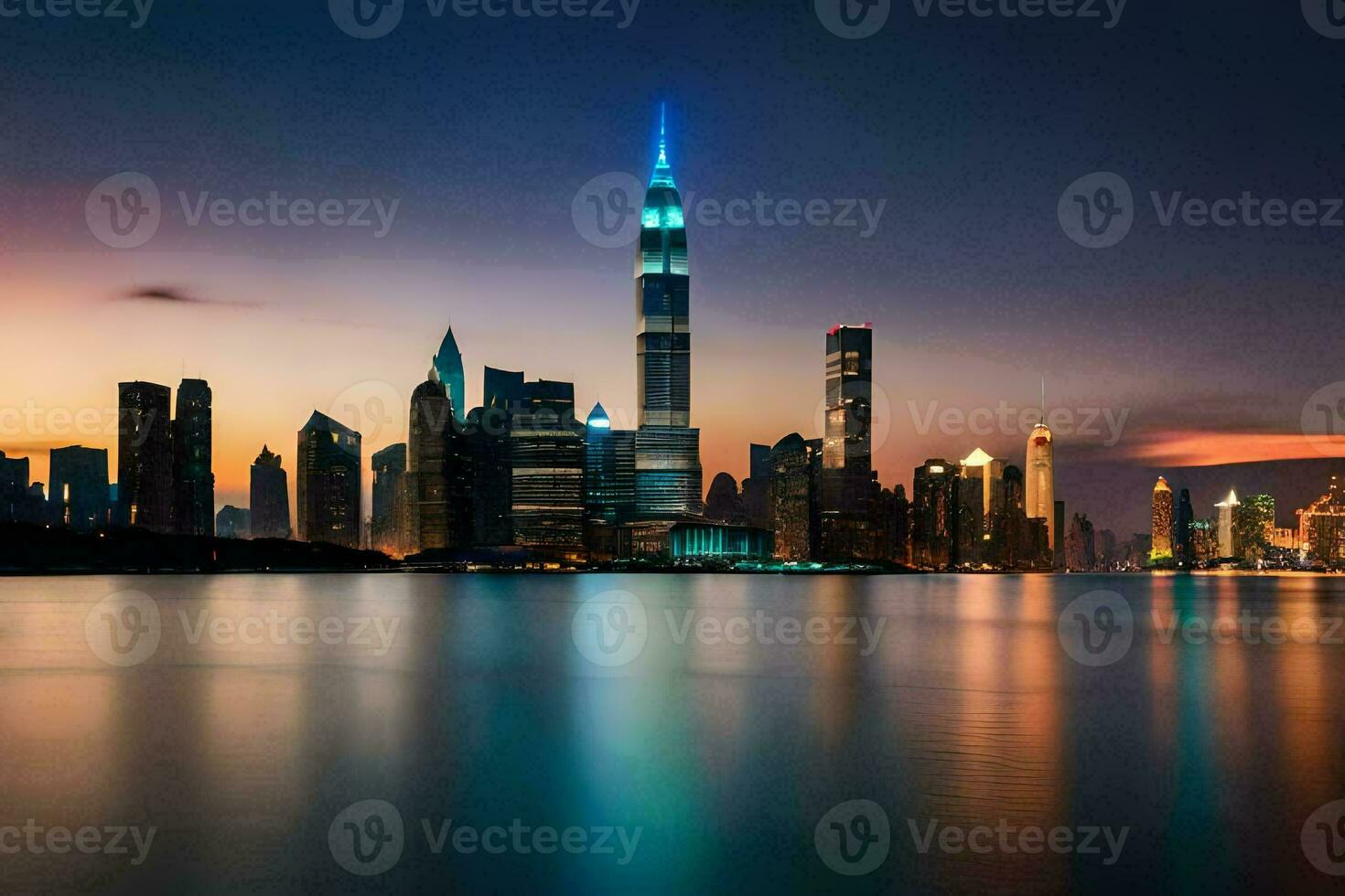 de stad horisont på natt med de reflexion av de vatten. ai-genererad foto