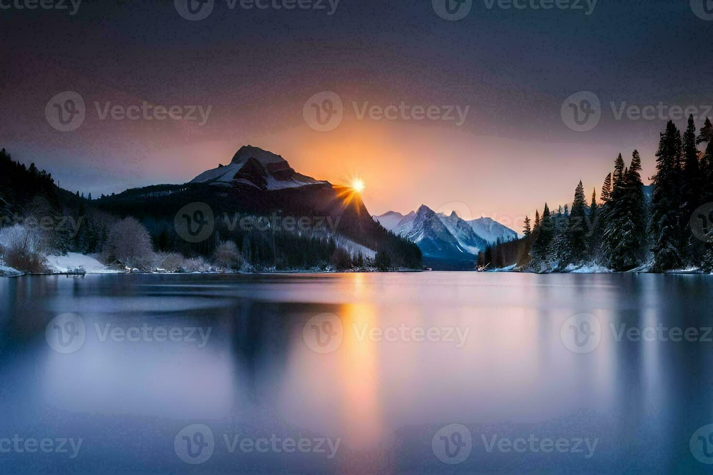 de Sol stiger över en sjö i de berg. ai-genererad foto