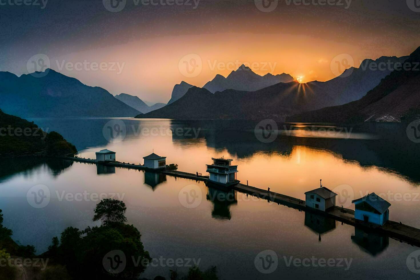 de Sol stiger över en sjö och berg. ai-genererad foto