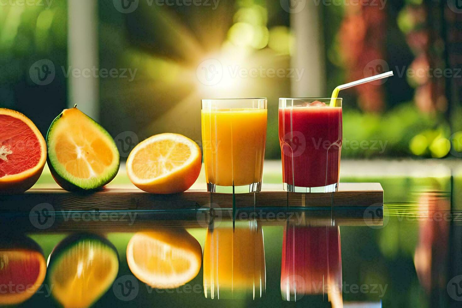 två glasögon av orange juice och en skiva av orange. ai-genererad foto