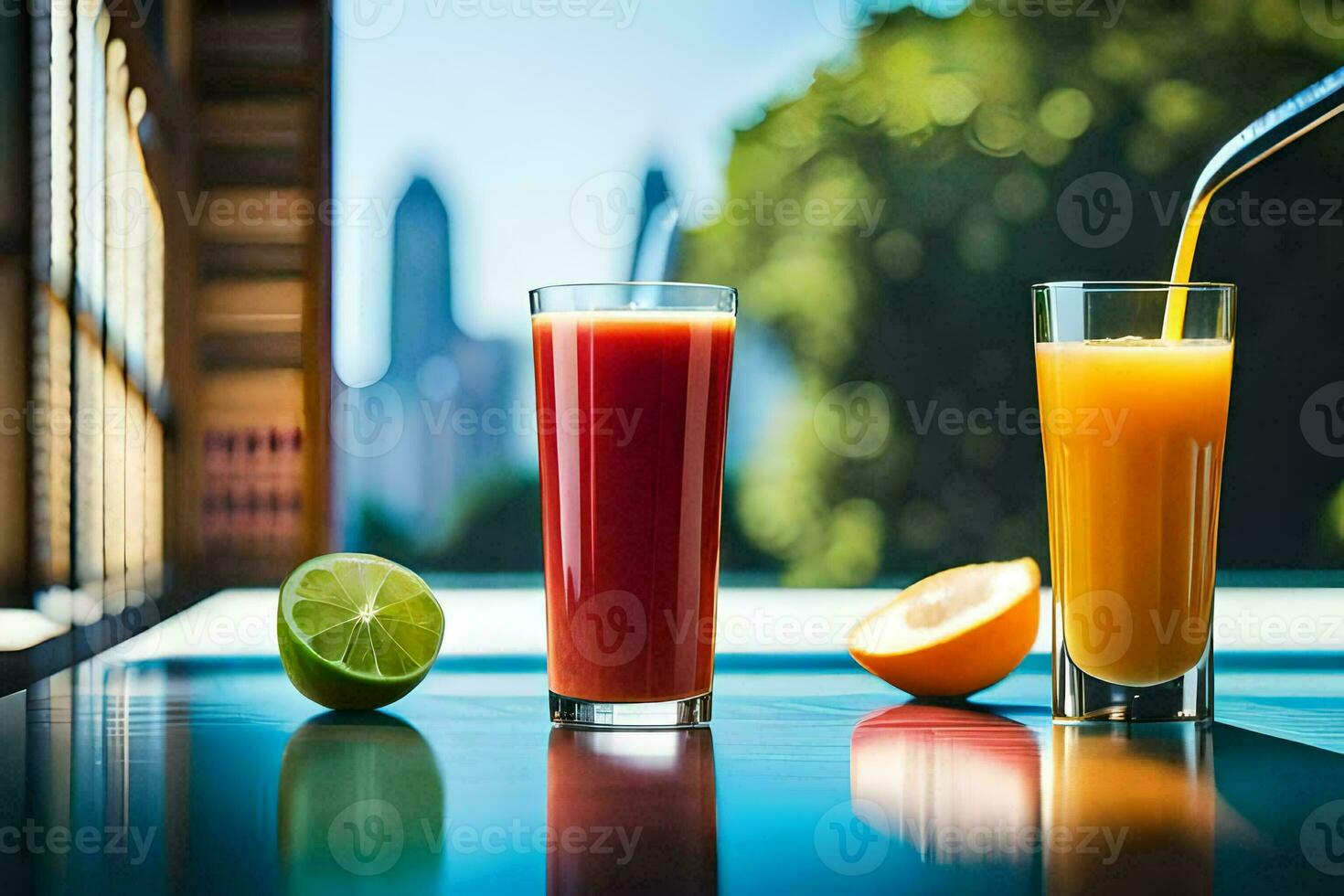 två glasögon av juice med apelsiner och limefrukter. ai-genererad foto