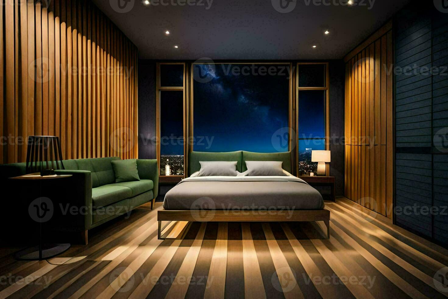 en sovrum med trä- väggar och en säng. ai-genererad foto