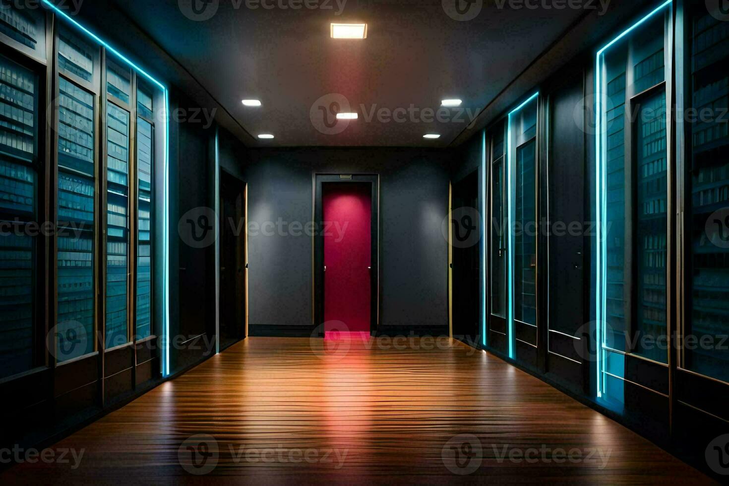 en hall med en röd dörr och mörk väggar. ai-genererad foto